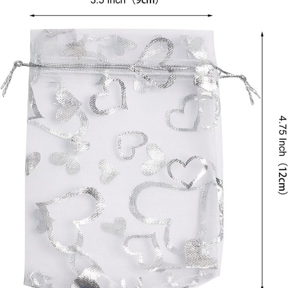Wedding Organza Drawstring Bag  50 pc White/Silver with Hearts. BRAND NEW - Picture 2 of 3